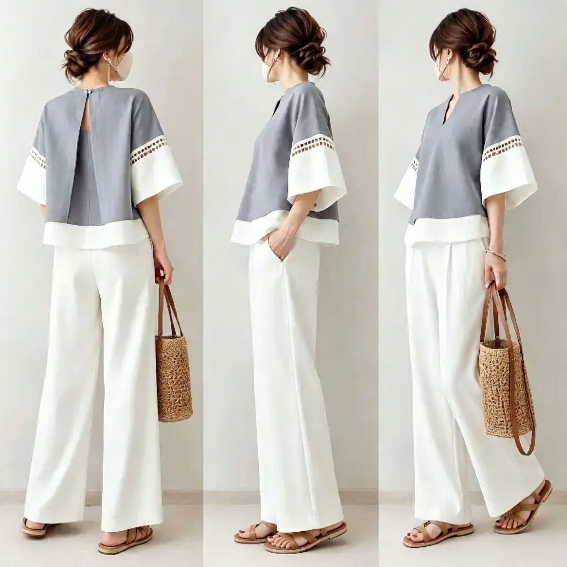 Robe Silk Women - 2026 Neues Zweiteiler-Set: V-Ausschnitt Farbblock-Oberteil mit